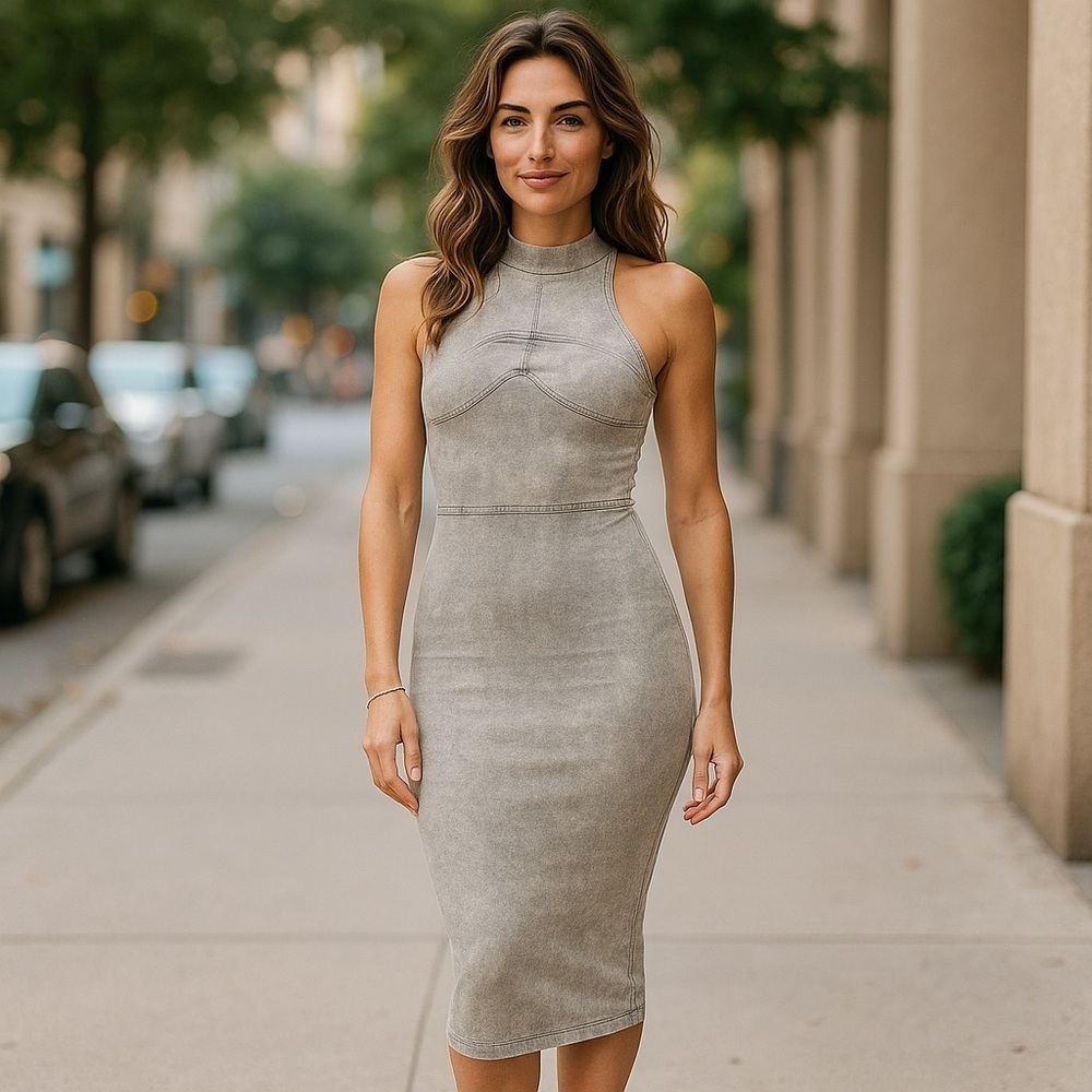 Bodycon Dress Mineral Washed Tank Midi Dress Sleeveless Grey 
New